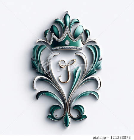 Crown with Emerald Green Accents Surrounded by Elegant Floral Design. Letter G in Golden Font Highlighted in Center. Luxurious and Ornate Decoration. AI generated Crown with Emerald Green Accents Surrounded by Elegant Floral Design. Letter G in Golden Font Highlighted in Center. Luxurious and Ornate Decoration. AI generated 121288878