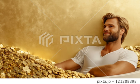 Man Relaxing And enjoys Against Golden Wall in Bathtub Filled with Gold Coins. Luxurious and Tranquil Scene Symbolizing Wealth and Affluence. AI generated 121288898