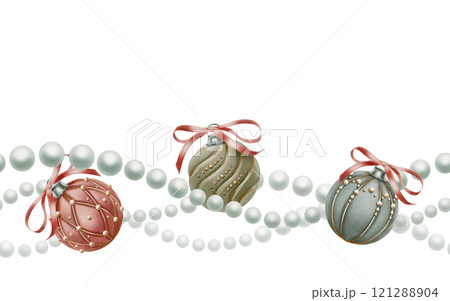 Vintage pearl beads with Christmas tree balls,covered with velvet,beads and gold threads,red ribbon in a bow in seamless border as a symbol of holidays.Watercolor clipart on transparent background Vintage pearl beads with Christmas tree balls,covered with velvet,beads and gold threads,red ribbon in a bow in seamless border as a symbol of holidays.Watercolor clipart on transparent background 121288904