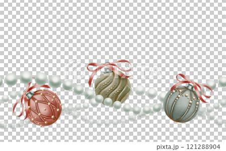 Vintage pearl beads with Christmas tree balls,covered with velvet,beads and gold threads,red ribbon in a bow in seamless border as a symbol of holidays.Watercolor clipart on transparent background Vintage pearl beads with Christmas tree balls,covered with velvet,beads and gold threads,red ribbon in a bow in seamless border as a symbol of holidays.Watercolor clipart on transparent background 121288904