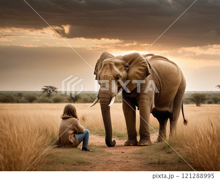 big elephant and girl child 121288995