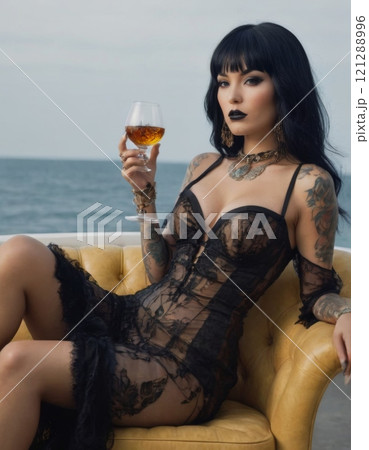 woman in black with glass of alcohol gothic style 121288996