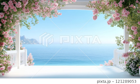 Pink Roses on White Pergola with Sea View. Crystal Blue Ocean and Clear Sky in Background. Romantic Summer Scenery. Dreamy Coastal Vibes. AI generated 121289053