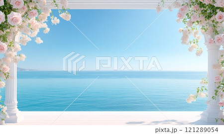 White Columns Framed with Pink Roses Overlooking Blue Sea. Peaceful Ocean Scene with Bright Sky. Tranquil Coastal Atmosphere. Romantic Mediterranean Inspiration. AI generated 121289054