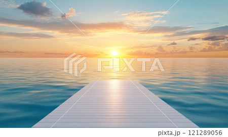 White wooden pier stretches over calm sea at sunset. Ocean surface reflects the soft pastel shades of the sun, creating a picturesque and calming atmosphere. Presentation podium mockup. AI generated 121289056