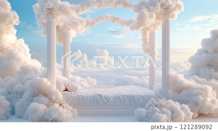 Luxurious Bed Floating Among Clouds Framed by Ornate White Columns. Ethereal Atmosphere Enhances Dreamlike Serenity. Elegant and Heavenly Design. AI generated 121289092