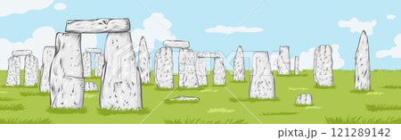 View of Ancient Ruins with Menhir, Cromlech, and Dolmen illustration on background 121289142
