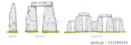 Menhir, Cromlech and Dolmen Hand-drawn linear cartoon sketch. Vector illustration. isolated on white background Menhir, Cromlech and Dolmen Hand-drawn linear cartoon sketch. Vector illustration. isolated on white background 121289143