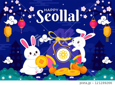 Happy Seollal Translation Korean New Year Vector Illustration Featuring the Year of the Wood Rabbit and Gold Coins for the 29 January Celebration 121289266