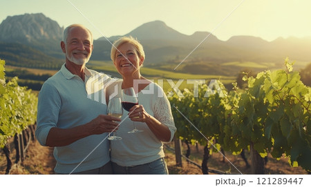 Elderly couple sipping wine in vineyard, stunning views and tranquil moment. Active retirees enjoying life Elderly couple sipping wine in vineyard, stunning views and tranquil moment. Active retirees enjoying life 121289447