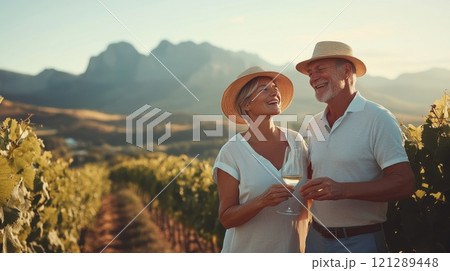 Wine and serenity with South African couple, vibrant vineyard setting. Active retirees enjoying life Wine and serenity with South African couple, vibrant vineyard setting. Active retirees enjoying life 121289448