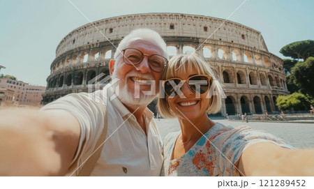 Senior couple enjoying trip to Colosseum, light clothing and happy smiles. Active retirees enjoying life 121289452