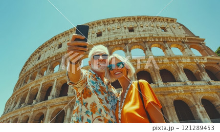 White-haired Italian couple capturing travel memories in Rome, artful collage. Active retirees enjoying life 121289453