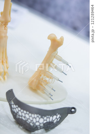 Implants and prostheses printed on 3D printer from biocompatible titanium powder. Plates for correction of deformation for animals. Titanium plates on animal bones printed on 3D printer from plastic. 121289464
