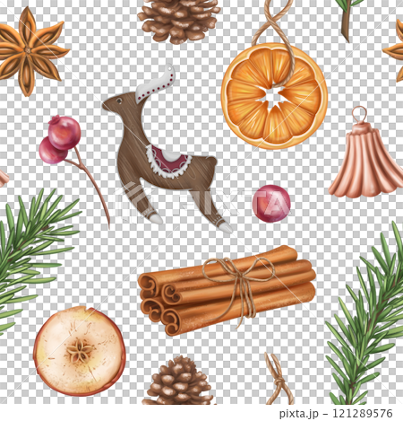 Seamless retro pattern with oranges, cones, cinnamon, spruce twigs, toys. Christmas Sustainable xmas. Organic winter decorations, recyclable material for parties, holidays. Hand drawing, background Seamless retro pattern with oranges, cones, cinnamon, spruce twigs, toys. Christmas Sustainable xmas. Organic winter decorations, recyclable material for parties, holidays. Hand drawing, background 121289576