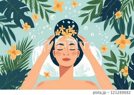 Flat illustration of a woman lying with her eyes closed surrounded by tropical leaves and flowers in soft pastel colors. Spa treatments, care, skin, cleansing. Lots of space for text. Banner 121289882