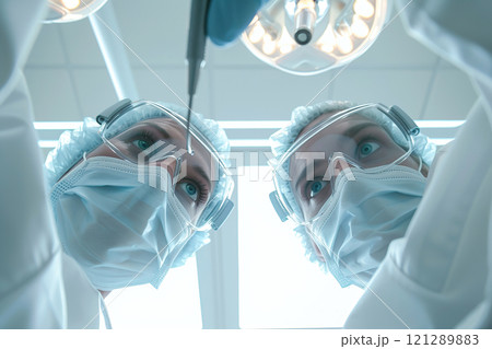 First person view of a dental patient and two doctors wearing medical masks and goggles looking directly into the camera. Healthcare concept. Appointment with the dentist. Copy space. Banner. 121289883