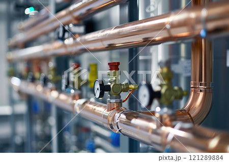 Water supply or gas supply systems and copper pipelines of the heating system. Shiny pipes and details close-up. Industry. Technology. Special equipment. Water treatment. Biotechnology. Protection 121289884
