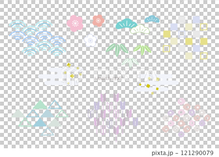 パステルカラーの手描き和風あしらい　イラスト素材セット 121290079
