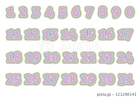 ネオレトロなカラーのふち文字、1から31までの数字 ネオレトロなカラーのふち文字、1から31までの数字 121290141