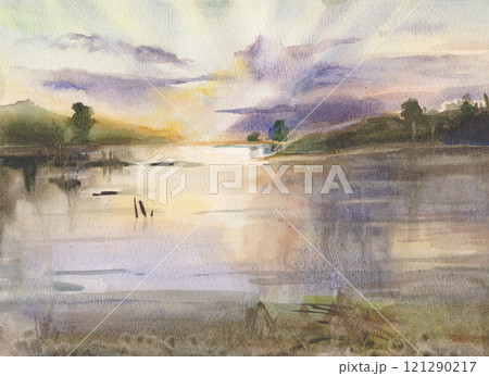 Sunset over a wide river 121290217
