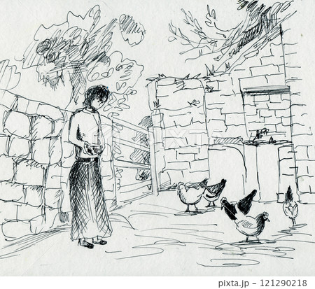 sketch, a woman is going to feed the chickens 121290218