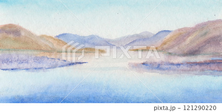 panorama of mountains surrounding a wide river 121290220