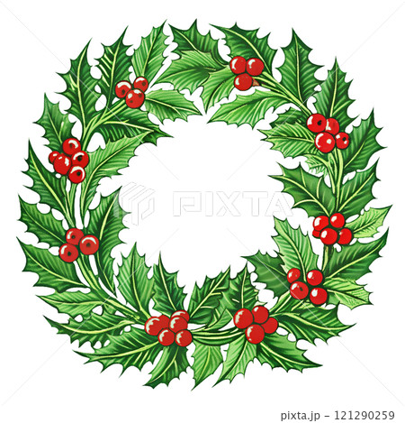 Christmas wreath made of holly, on an isolated transparent background for use in graphic design on the theme of Christmas Christmas wreath made of holly, on an isolated transparent background for use in graphic design on the theme of Christmas 121290259