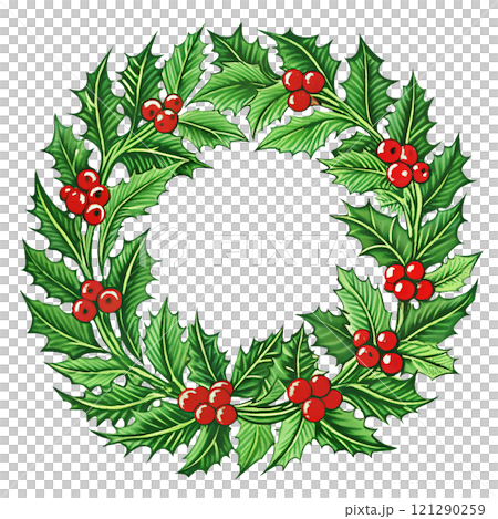 Christmas wreath made of holly, on an isolated transparent background for use in graphic design on the theme of Christmas Christmas wreath made of holly, on an isolated transparent background for use in graphic design on the theme of Christmas 121290259