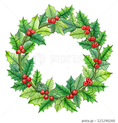 Christmas wreath made of holly, on an isolated transparent background for use in graphic design on the theme of Christmas Christmas wreath made of holly, on an isolated transparent background for use in graphic design on the theme of Christmas 121290260