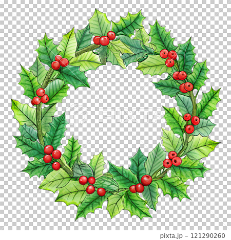 Christmas wreath made of holly, on an isolated transparent background for use in graphic design on the theme of Christmas Christmas wreath made of holly, on an isolated transparent background for use in graphic design on the theme of Christmas 121290260