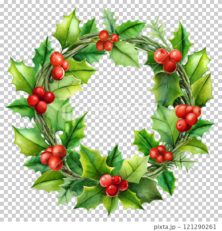 Christmas wreath made of holly, on an isolated transparent background for use in graphic design on the theme of Christmas Christmas wreath made of holly, on an isolated transparent background for use in graphic design on the theme of Christmas 121290261