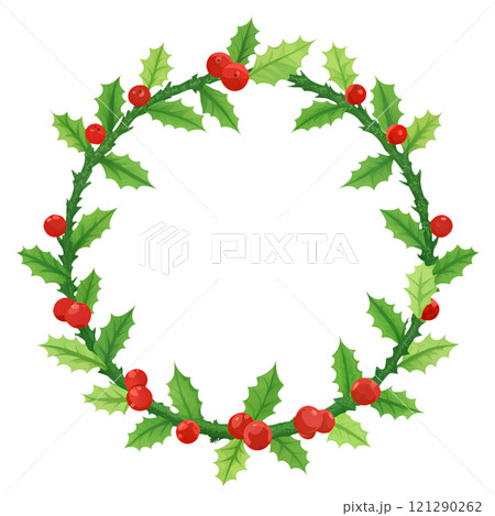 Christmas wreath made of holly, on an isolated transparent background for use in graphic design on the theme of Christmas Christmas wreath made of holly, on an isolated transparent background for use in graphic design on the theme of Christmas 121290262