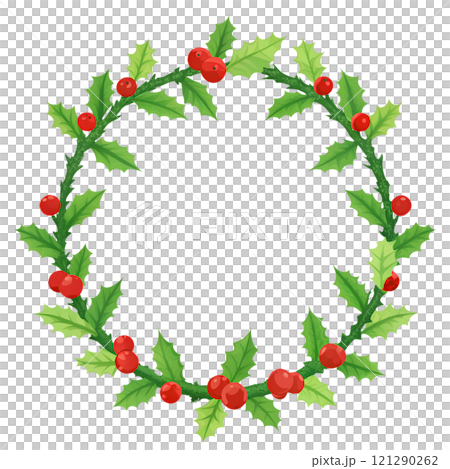 Christmas wreath made of holly, on an isolated transparent background for use in graphic design on the theme of Christmas Christmas wreath made of holly, on an isolated transparent background for use in graphic design on the theme of Christmas 121290262