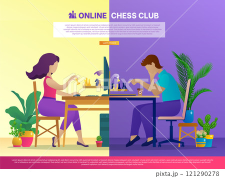Online chess club landing page template. People sitting in front of computers playing strategic intellectual game. Online chess tournament website, self-isolation concept. Flat vector illustration Online chess club landing page template. People sitting in front of computers playing strategic intellectual game. Online chess tournament website, self-isolation concept. Flat vector illustration 121290278