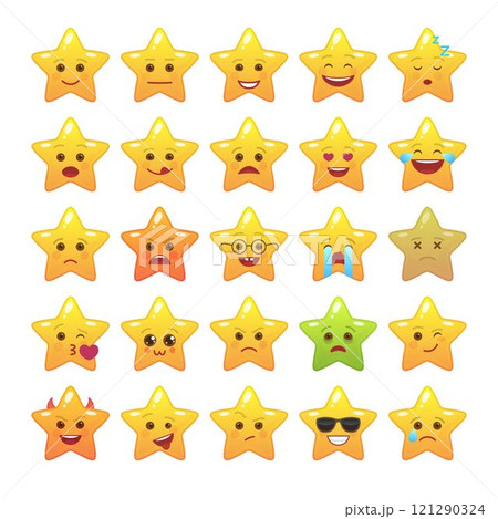 Star shaped comic emoticons isolated set. Smile faces with various facial expressions. Cute emoji symbols for internet chatting. Funny social communication and mood message vector elements. 121290324