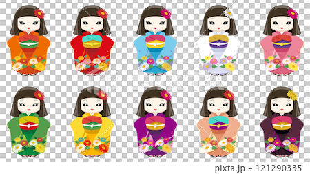 A set of illustration icons of a pale, slightly scary-looking Okiku doll with bob hair wearing a kimono. A set of illustration icons of a pale, slightly scary-looking Okiku doll with bob hair wearing a kimono. 121290335