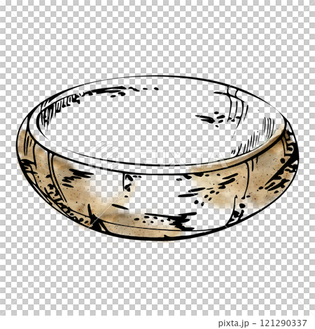 Ceramic plate dish bowl beige, for hobby, handmade, food. Hand drawn in watercolor and ink. Isolated illustration for pottery shop logo, art class, print, website, restaurant or cafe menu, booklet. 121290337