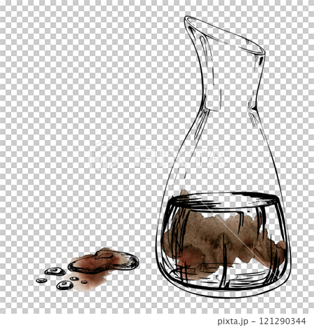 Hand drawn watercolor ink, transparent glass vase jar jug bottle with soy teriyaki sauce coffee. Single element isolated illustration for wedding, cards, spa, florist shop, cafe restaurant, commerce. 121290344