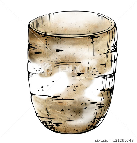 Ceramic cup mug raku, beige color clay for hobby, handmade, drink. Hand drawn in watercolor and ink. Isolated illustration pottery shop logo, art class, print, website, restaurant cafe menu, booklet. 121290345