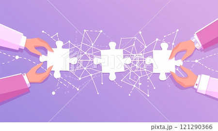 Conceptual illustration of hands connecting puzzle pieces with digital network 121290366