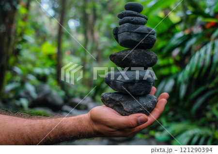 Hand balancing a stack of dark stones in a lush green forest setting with blurred background 121290394
