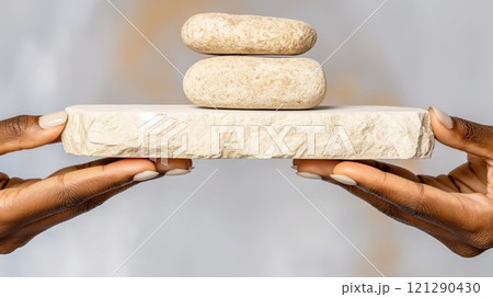 Close-up of two hands balancing white clay stones on a rectangular block, stability and precision Close-up of two hands balancing white clay stones on a rectangular block, stability and precision 121290430