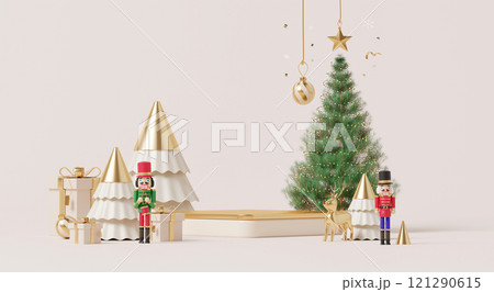 3D render, Happy new year and Merry Christmas background with Podium stage decorated with nutcracker and golden Christmas trees with festive gifts. 3D render, Happy new year and Merry Christmas background with Podium stage decorated with nutcracker and golden Christmas trees with festive gifts. 121290615