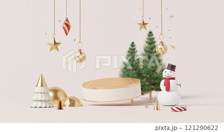 3D render, Happy new year and Merry Christmas background with Podium stage decorated with festive snowman, Christmas trees and hanging holiday ornaments. 3D render, Happy new year and Merry Christmas background with Podium stage decorated with festive snowman, Christmas trees and hanging holiday ornaments. 121290622