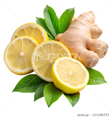 Lemon and ginger on an isolated background, lemon slices on an isolated background, lemon with leaves 121290737