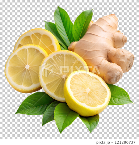 Lemon and ginger on an isolated background, lemon slices on an isolated background, lemon with leaves 121290737