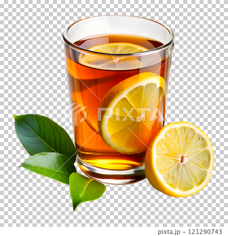 Tea with lemon in a glass mug on an isolated background, and next to it are slices of lemon with leaves and the lemon itself Tea with lemon in a glass mug on an isolated background, and next to it are slices of lemon with leaves and the lemon itself 121290743
