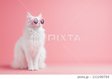 Adorable White Cat in Pink Sunglasses Against Soft Pastel Pink Background 121290784