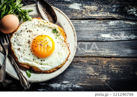 Fried Egg on a White Plate with Spoon and Fork Surrounded by Fresh Ingredients on Wooden Table 121290786